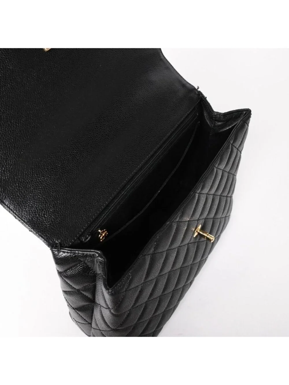 Chanel Quilted CC Logo CC Handbag Top Handle Turnlock Caviar Leather Black Gold